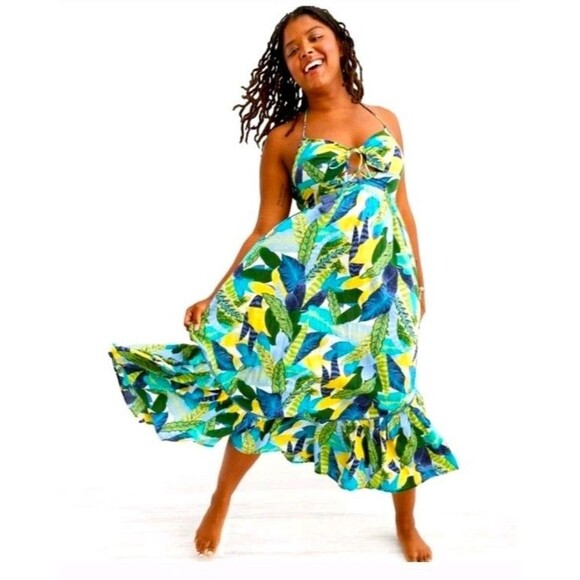 Aerie Paradise Palm Maxi Halter Dress Sz Med Tropical Boho Summer - Picture 2 of 12
